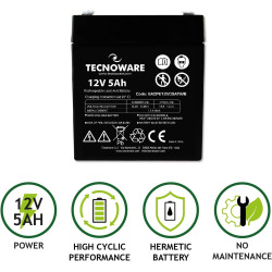 Tecnoware Power Systems - Batterie au Plomb Étanche, 12 V 5 Ah, Pour Onduleur, Systèmes de Vidéosurveillance et Alarme, Cosse Fa