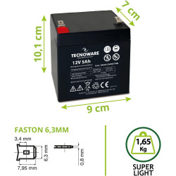Tecnoware Power Systems - Batterie au Plomb Étanche, 12 V 5 Ah, Pour Onduleur, Systèmes de Vidéosurveillance et Alarme, Cosse Fa