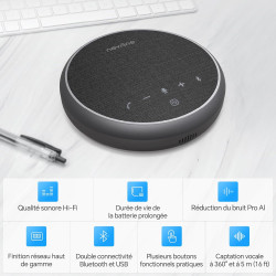 Microphone usb pour conférence bleutooth haut-parleur pour pc, réduction du bruit, capture vocale à 360° 43 heures en veille, co