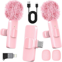 Micro cravate sans fil rose pour iPhone et Android – Mini micro à clipser avec suppression du bruit, portée de 20 m, batterie 8H