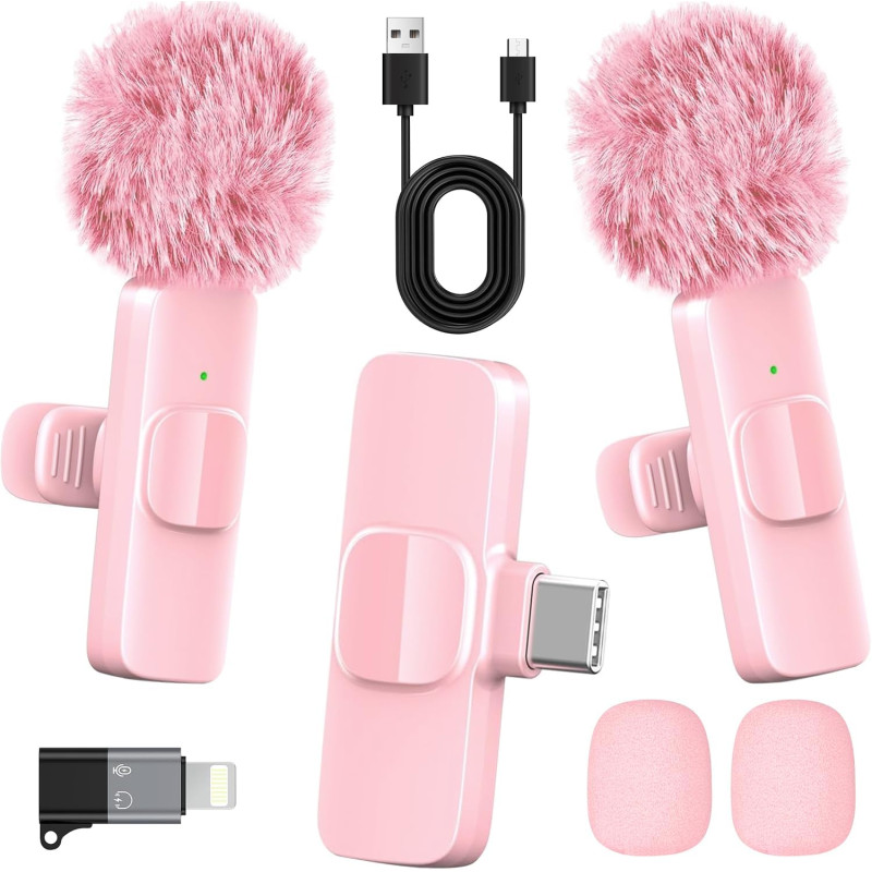 Micro cravate sans fil rose pour iPhone et Android – Mini micro à clipser avec suppression du bruit, portée de 20 m, batterie 8H