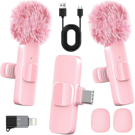 Micro cravate sans fil rose pour iPhone et Android – Mini micro à clipser avec suppression du bruit, portée de 20 m, batterie 8H