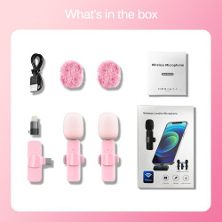 Micro cravate sans fil rose pour iPhone et Android – Mini micro à clipser avec suppression du bruit, portée de 20 m, batterie 8H