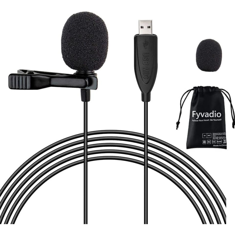 Microphone USB, 2m USB Lavalier Microphone Plug & Play Omnidirectionnel Lapel Shirt Collar Clip on Mic pour PC, Computer, Mac, L