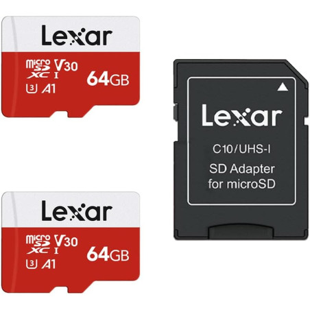 Lexar Carte Micro SD 64 Go Lot de 2 Cartes, Carte Mémoire Micro SD+ Adaptateur, Microsdxc Carte TF jusqu'à 100 Mo/s, A1, U3, C10