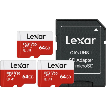 Lexar Carte Micro SD 64 Go Lot de 3 Cartes, Carte Mémoire Micro SD+ Adaptateur, Microsdxc Carte TF jusqu'à 100 Mo/s, A1, U3, C10