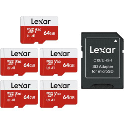 Lexar Carte Micro SD 64 Go Lot de 5 Cartes, Carte Mémoire Micro SD+ Adaptateur, Microsdxc Carte TF jusqu'à 100 Mo/s, A1, U3, C10
