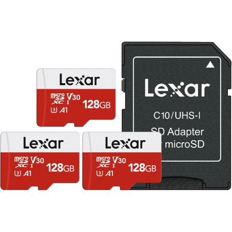 Lexar Carte Micro SD 128 Go Lot de 3 Cartes, Carte Mémoire Micro SD+ Adaptateur, Microsdxc Carte TF jusqu'à 100 Mo/s, A1, U3, C1