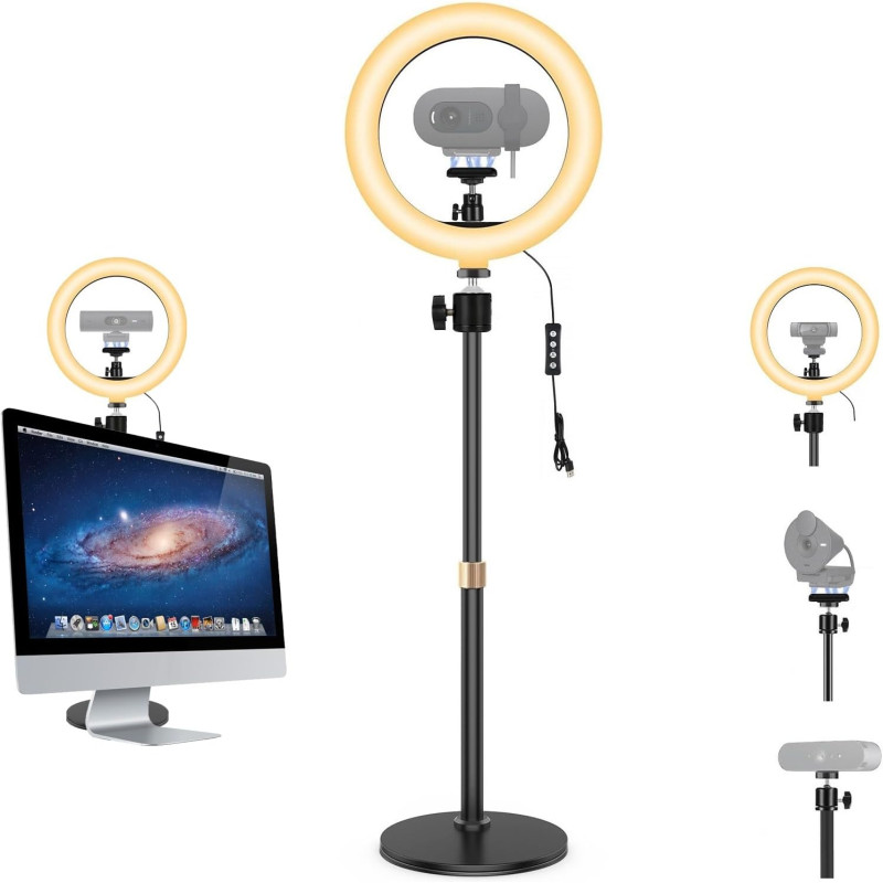 Support magnétique pour webcam Selfie, anneau lumineux de 26 cm avec support de bureau compatible avec les webcams Logitech Brio