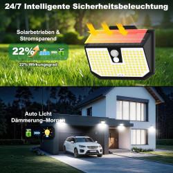 Lampe Solaire Exterieur, 3 Modes Lumière Solaire Extérieure Detecteur de Mouvement, Éclairage Extérieur LED Solaire IP65 Etanche
