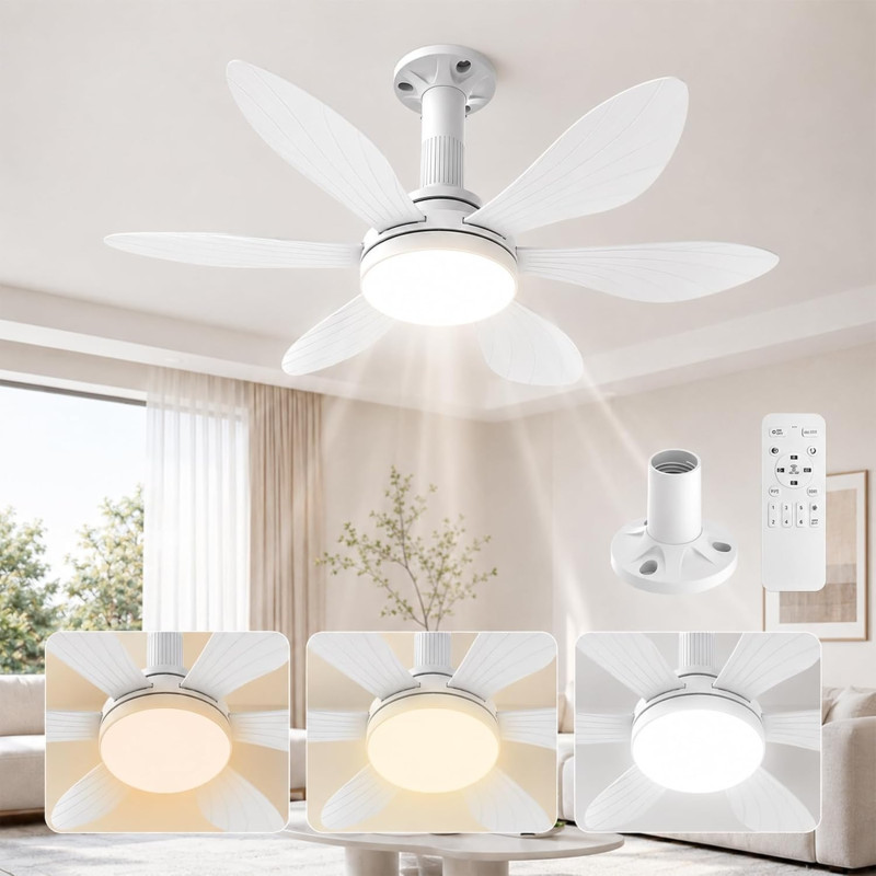 Hisummer 71cm Ventilateur de Plafond avec Lumière et Télécommande, Connexion E27 Uniquement avec Socle Fourni, Installation Rapi