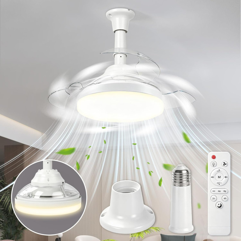Herefun Ventilateur Plafond avec Lumiere, 43CM Lustre Ventilateur de Plafond Pliable avec Douille E27 et Telecommande, Petit Lam