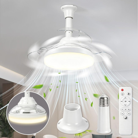 Herefun Ventilateur Plafond avec Lumiere, 43CM Lustre Ventilateur de Plafond Pliable avec Douille E27 et Telecommande, Petit Lam