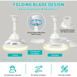 Herefun Ventilateur Plafond avec Lumiere, 43CM Lustre Ventilateur de Plafond Pliable avec Douille E27 et Telecommande, Petit Lam