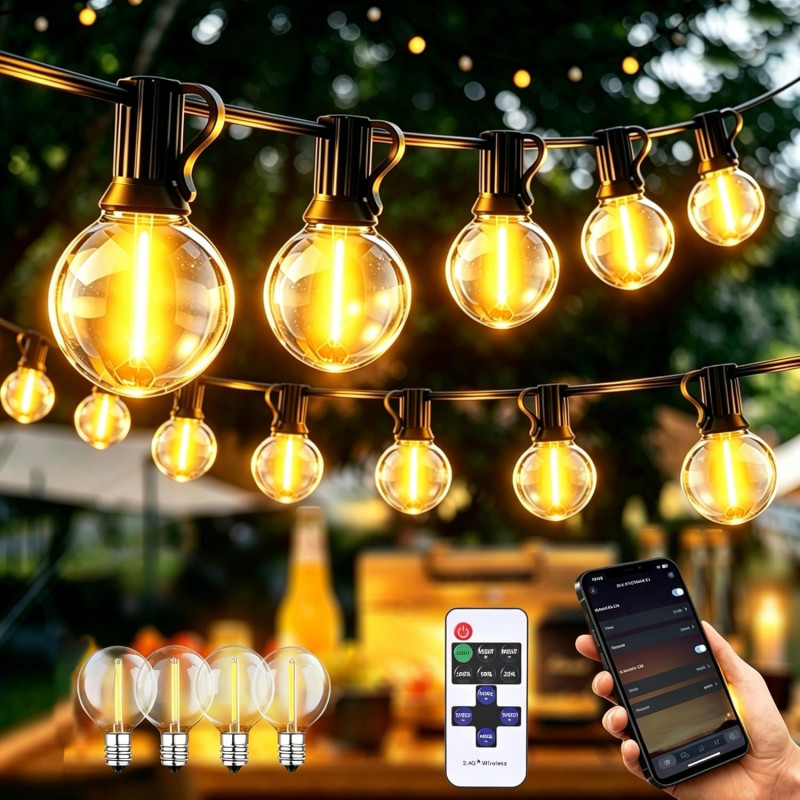 50M LED Guirlande Lumineuse Guinguette Exterieure mit APP Contrôle et Télécommande Dimmable LED Ampoules IP44 Imperméable, Chaîn