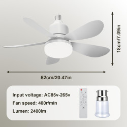Ventilateur de Plafond avec Lumière et Telecommande, 52CM 40W Ventilateur de plafond silencieux E27 avec 3 niveaux, lampe LED di