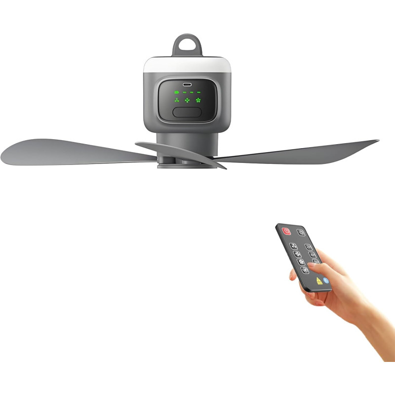 Ventilateur de plafond 45 cm, 12000 mAh, rechargeable, mini ventilateur avec télécommande et lumière LED, 4 niveaux, silencieux,