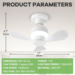 ConBlom Mini ventilateur de plafond LED avec éclairage, douille E27, vent puissant, silencieux, ventilateurs de plafond portable