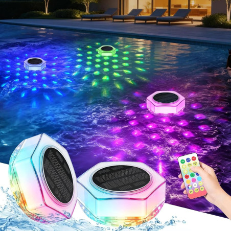 Lumiere Piscine Flottante Solaire 2 Pièces Lampe Piscine avec Télécommande, IP68 Étanche Eclairage Piscine Hors Sol 7 Couleurs R
