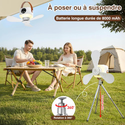IEEILULU 8000 mAh Ventilateur Plafond Avec Lumiere, L'intérieur Et L'extérieur 35dB Silencieux Ventilateur Portable Rechargeable