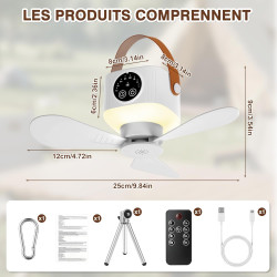 IEEILULU 8000 mAh Ventilateur Plafond Avec Lumiere, L'intérieur Et L'extérieur 35dB Silencieux Ventilateur Portable Rechargeable