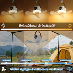 IEEILULU 8000 mAh Ventilateur Plafond Avec Lumiere, L'intérieur Et L'extérieur 35dB Silencieux Ventilateur Portable Rechargeable