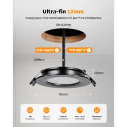 Sanyoung Spot LED Encastrable 12V Camping-car, 3W Alu Spot Extra Plat Dimmable 3000K Blanc Chaud 240LM, IP44 Spots Salle de Bain
