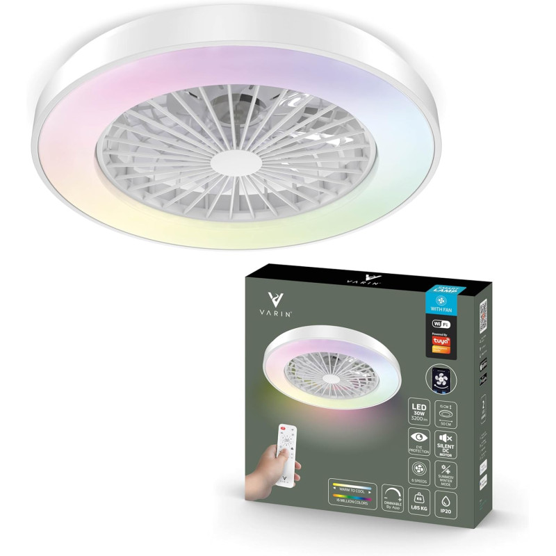Varin® Ventilateur Plafond avec Lumiere Intelligent, Plafonnier Ventilateur Silencieux pour Chambre, Tuya Wi-Fi, LED 30W RGBW, Ø