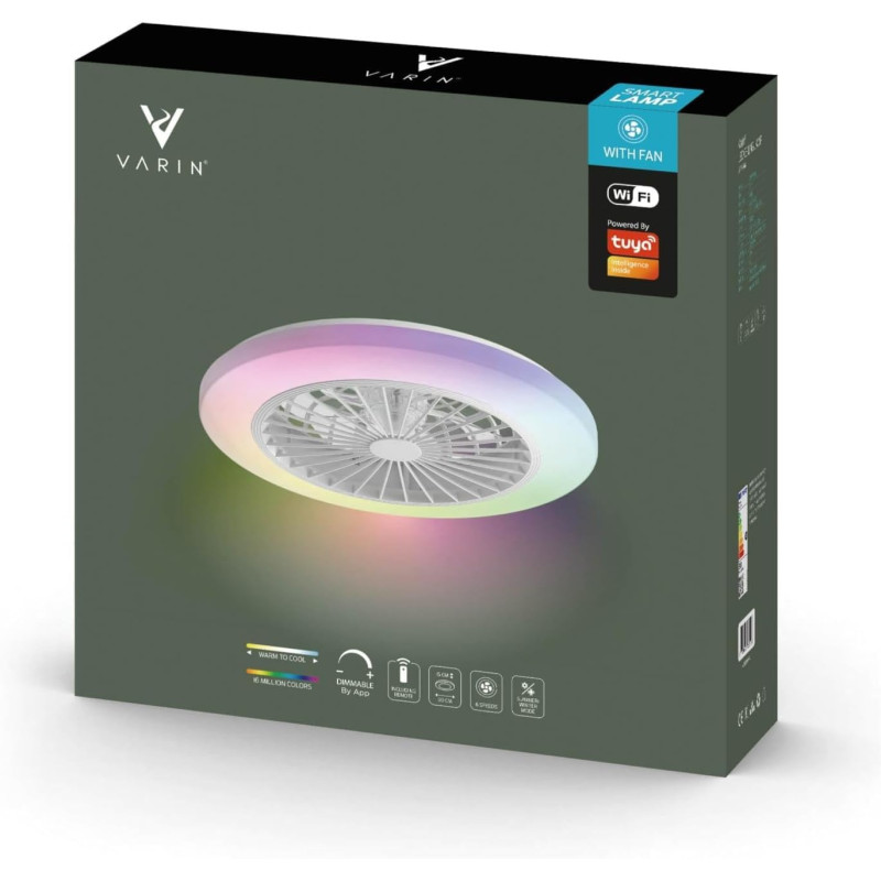 Varin® Ventilateur Plafond avec Lumiere Intelligent, Tuya Wi-Fi, Ventilateur Plafond Silencieux 20 dB, LED 36W RGBW, Télécommand