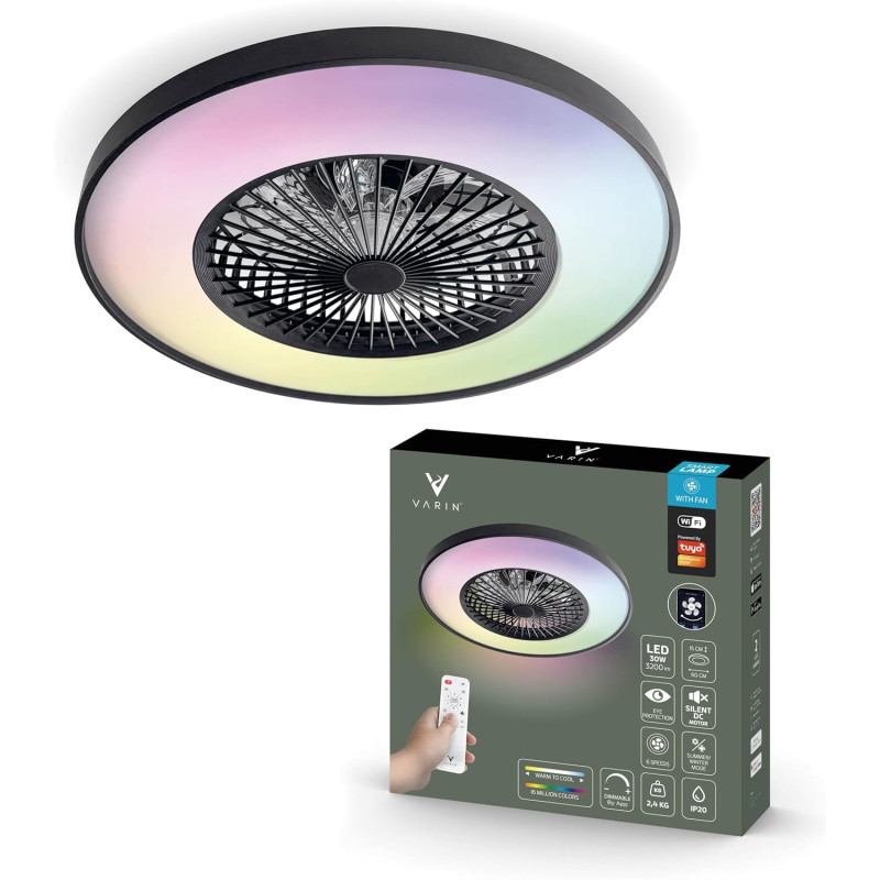 Varin® Ventilateur Plafond avec Lumiere Intelligent, Tuya Wi-Fi, Ø 50 cm, Plafonnier Ventilateur avec 4 Douilles E27 (Sans Ampou