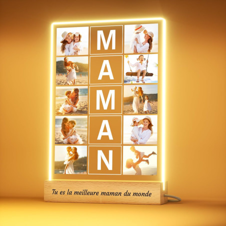 Cadeau Fête des Mères Personnalisé - Lampe Veilleuse MAMAN avec Photo et Prénoms, Cadre Acrylique Lumineux, Cadeau Maman Anniver