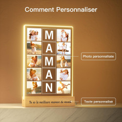 Cadeau Fête des Mères Personnalisé - Lampe Veilleuse MAMAN avec Photo et Prénoms, Cadre Acrylique Lumineux, Cadeau Maman Anniver