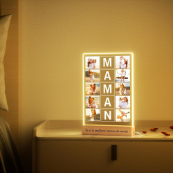 Cadeau Fête des Mères Personnalisé - Lampe Veilleuse MAMAN avec Photo et Prénoms, Cadre Acrylique Lumineux, Cadeau Maman Anniver