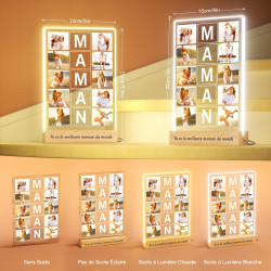 Cadeau Fête des Mères Personnalisé - Lampe Veilleuse MAMAN avec Photo et Prénoms, Cadre Acrylique Lumineux, Cadeau Maman Anniver