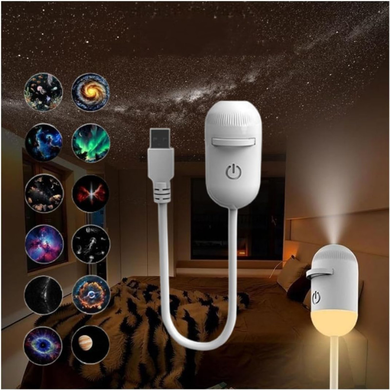 Veilleuse projecteur de galaxie 2 en 1, projecteur USB de ciel étoilé avec 3/12/24 films de projection, mini veilleuse LED lampe