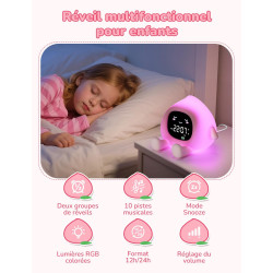 YISSVIC Reveil Enfant Educatif Jour/Nuit 2 Alarme 7 Couleurs 30s Arrêt Automatiquement Réveil Lumineux Luminosité de l'Ecran Rég