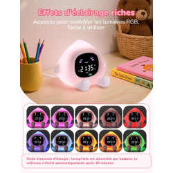 YISSVIC Reveil Enfant Educatif Jour/Nuit 2 Alarme 7 Couleurs 30s Arrêt Automatiquement Réveil Lumineux Luminosité de l'Ecran Rég