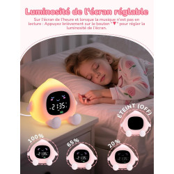 YISSVIC Reveil Enfant Educatif Jour/Nuit 2 Alarme 7 Couleurs 30s Arrêt Automatiquement Réveil Lumineux Luminosité de l'Ecran Rég