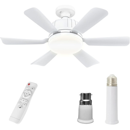 Ventilateur Plafonnier Lumineux E27 avec Télécommande, 3 Vitesses 3 Températures de Couleur 3000-6500K, Minuterie 2/4H, Ventilat