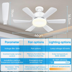 Kouamor Ventilateur Plafonnier Lumineux E27 avec Télécommande, 3 Vitesses 3 Températures de Couleur 3000-6500K, Minuterie 2/4H, 