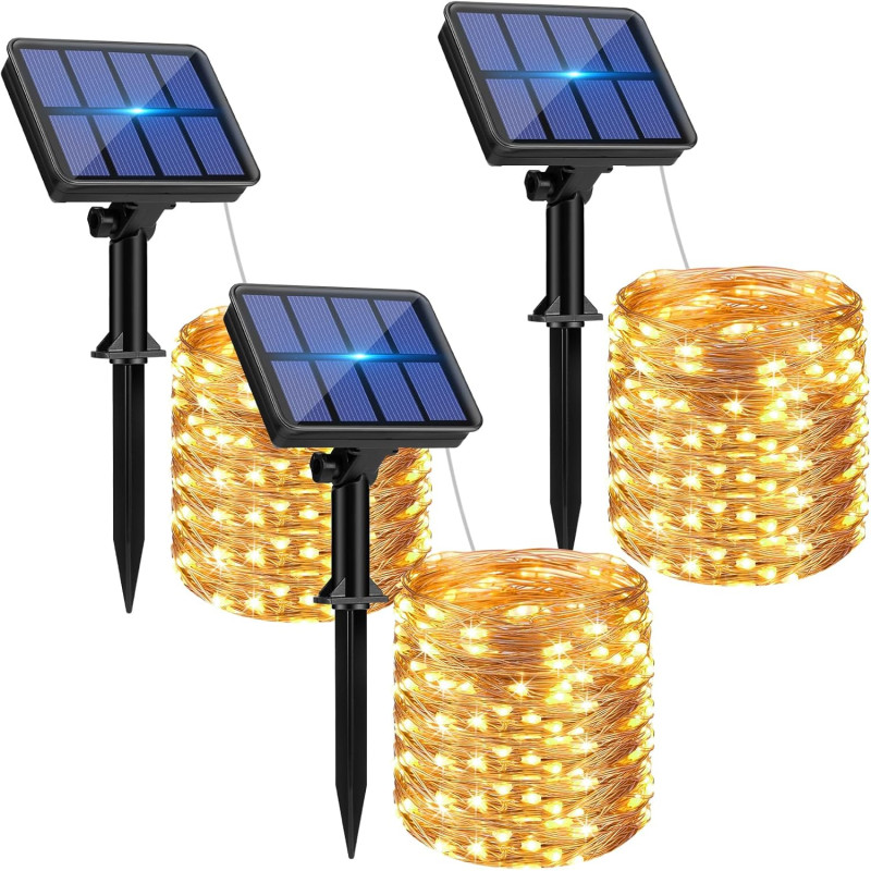 btfarm Lot de 3 Guirlande Solaire Exterieur, 15+2m 150LED Guirlande Lumineuse Exterieure Solaire Étanche 8 Modes, Guirlande Exté