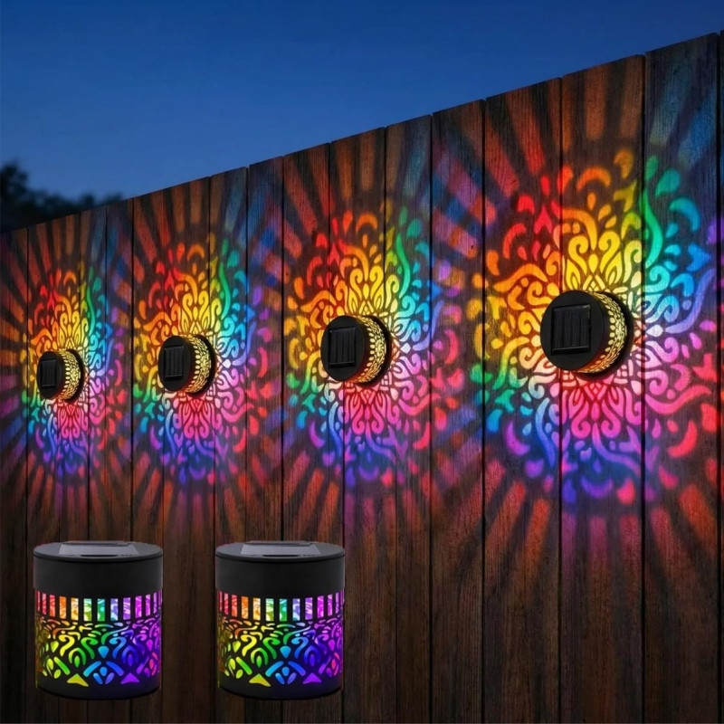 Lot de 2 appliques murales solaires mandala, sept couleurs changeantes, lampe de projection décorative d'extérieur en métal, éta