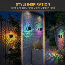 Lot de 2 appliques murales solaires mandala, sept couleurs changeantes, lampe de projection décorative d'extérieur en métal, éta