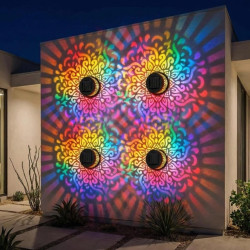 Lot de 2 appliques murales solaires mandala, sept couleurs changeantes, lampe de projection décorative d'extérieur en métal, éta