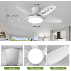 Qcyuui 106cm Ventilateur Plafond avec Lumière LED Silencieux, Moteur DC Réversible, Télécommande, 6 Vitesses, Minuterie, Contrôl