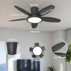 Qcyuui Noir Ventilateur Plafond avec Lumière 106cm Silencieux, Moteur DC Réversible avec Télécommande, 6 Vitesses, Fonction Minu
