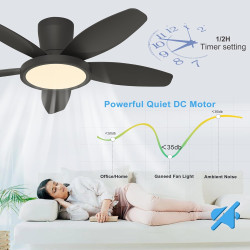 Qcyuui Noir Ventilateur Plafond avec Lumière 106cm Silencieux, Moteur DC Réversible avec Télécommande, 6 Vitesses, Fonction Minu