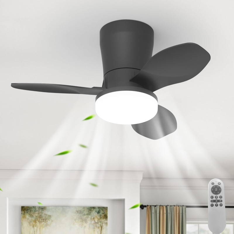 Qcyuui Plafonnier Ventilateur Noir 65 cm LED Ultra Silencieux Moteur DC Réversible Télécommande 6 Vitesses Minuterie Luminosité 