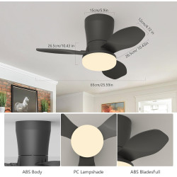 Qcyuui Plafonnier Ventilateur Noir 65 cm LED Ultra Silencieux Moteur DC Réversible Télécommande 6 Vitesses Minuterie Luminosité 