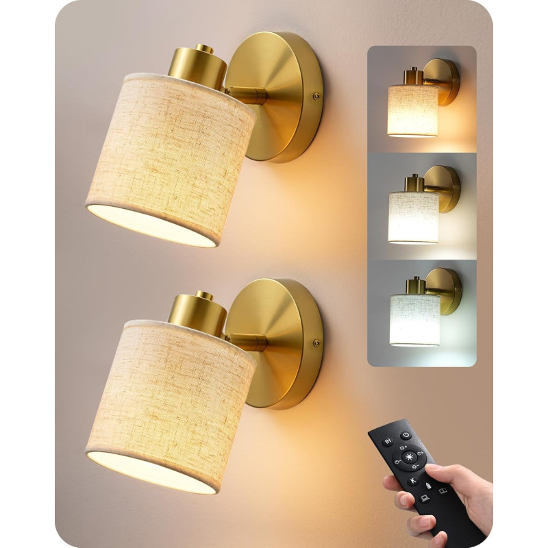 EDISHINE Lot de 2 Appliques Murales Intérieures, Applique LED Dorée avec Abat-jour en Lin, Orientable à 350°/90°, Dimmable en Co